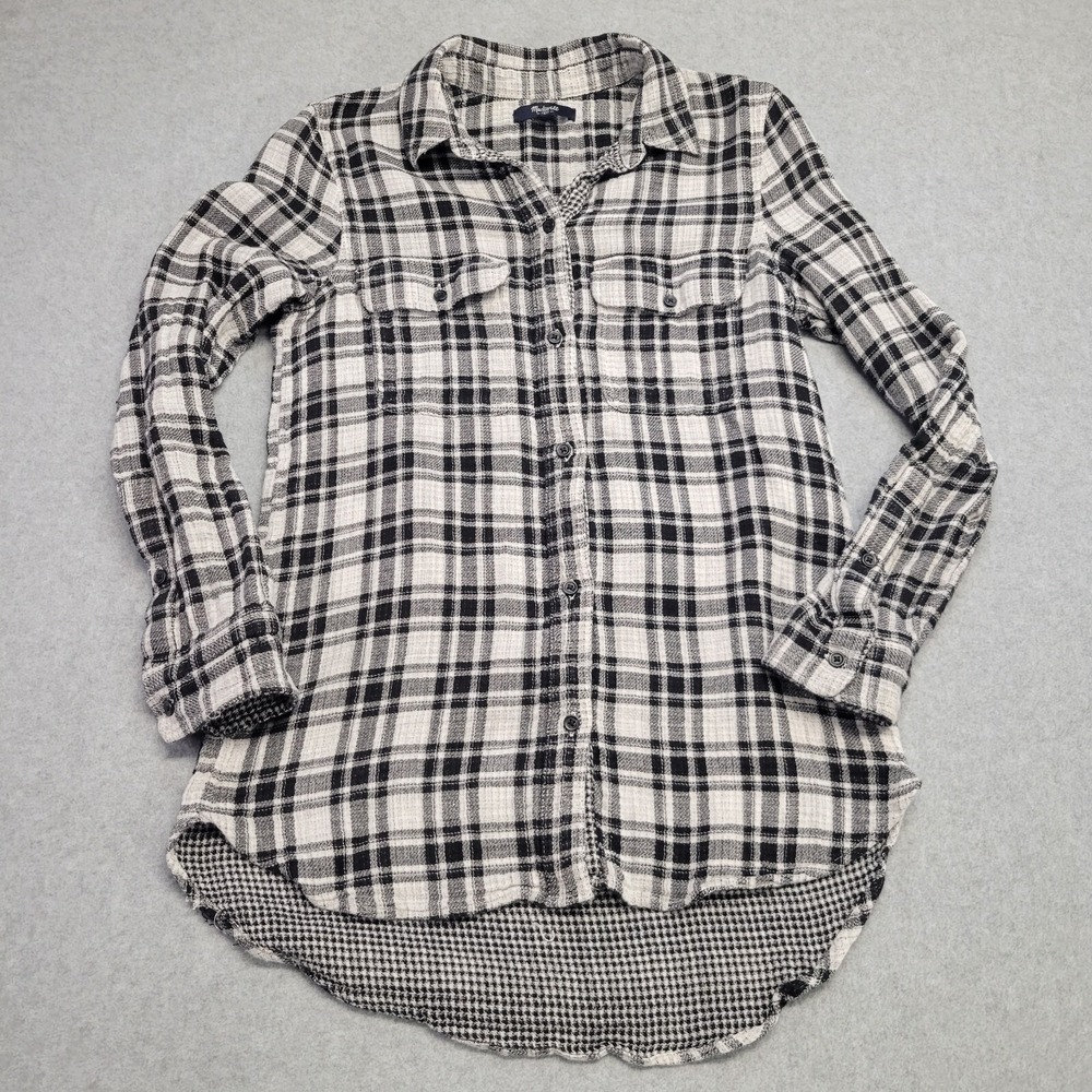 Madewell Plaid Flannel Shirt Womens Size XS Black White Houndstooth Contrast